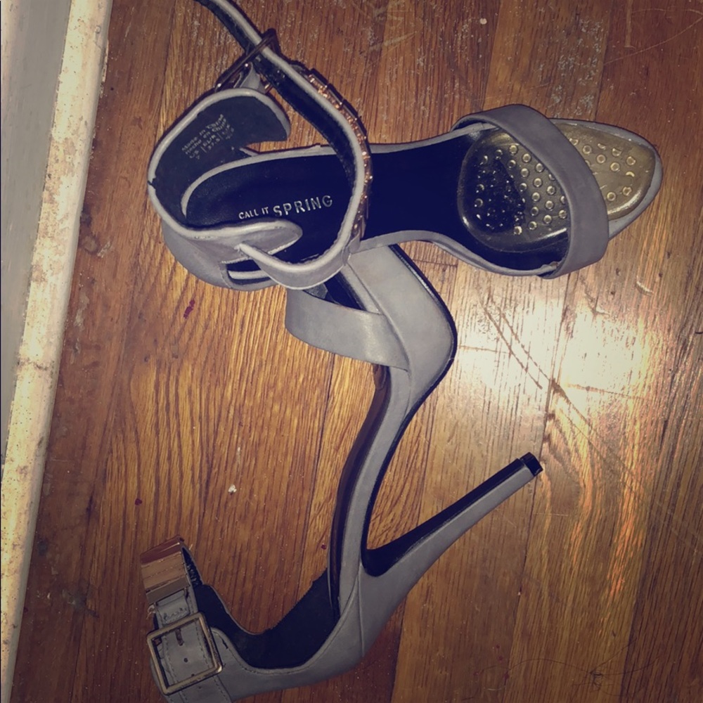 Gray and gold strap heels